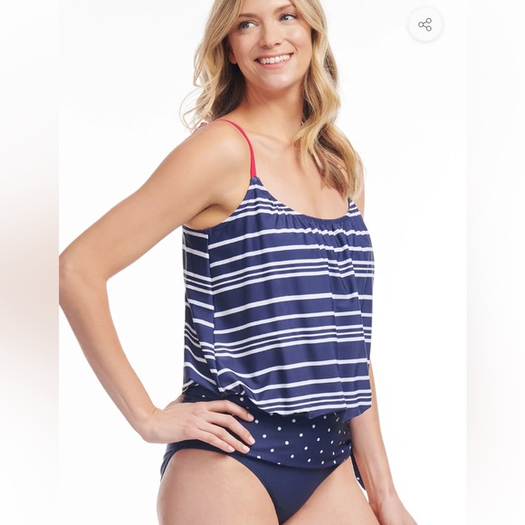 🔵 Women's Wide Band Blouson Tankini Top Electric Stripe NWE size 10 blue white - Picture 7 of 12